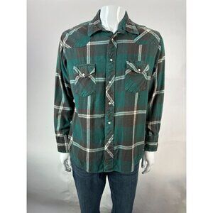 Wrangler Western Pearl Snap Plaid Shirt L Green & Gray Flannel  Long-Sleeve